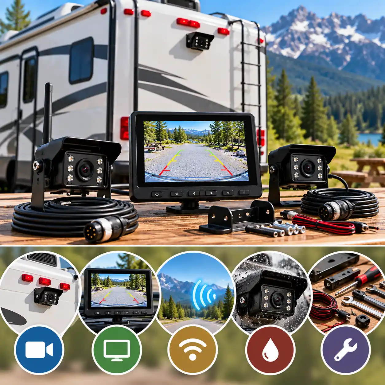 RV backup camera system selection showing cameras, monitor, wireless range, weather resistance, and installation hardware.