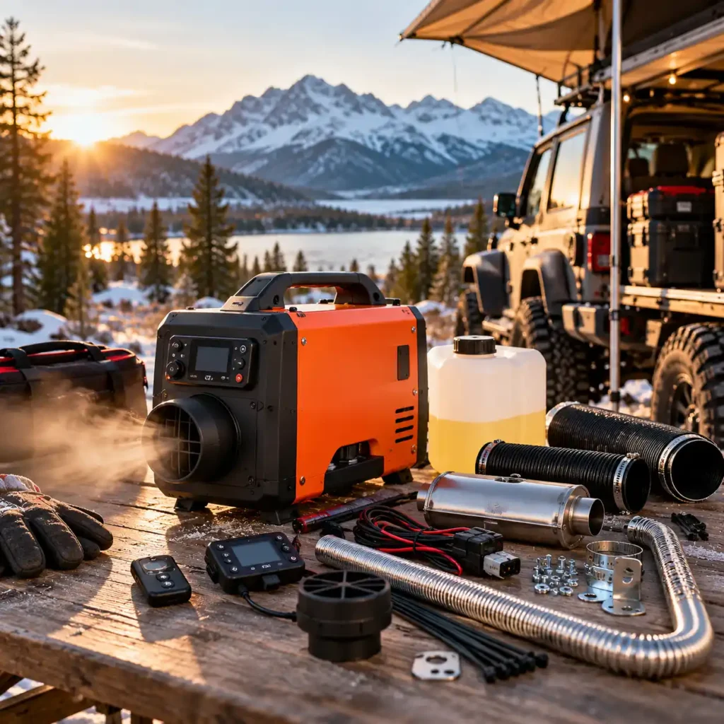 Portable diesel heater with fuel tank, exhaust tubing, wiring, and installation components on a worktable at a winter overlanding campsite.