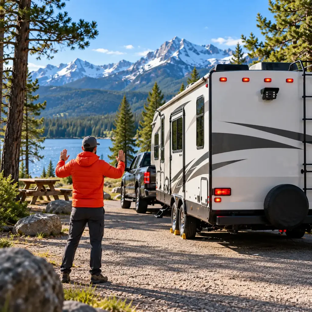Camper in a bright orange jacket guiding a travel trailer into a lakeside mountain campsite.