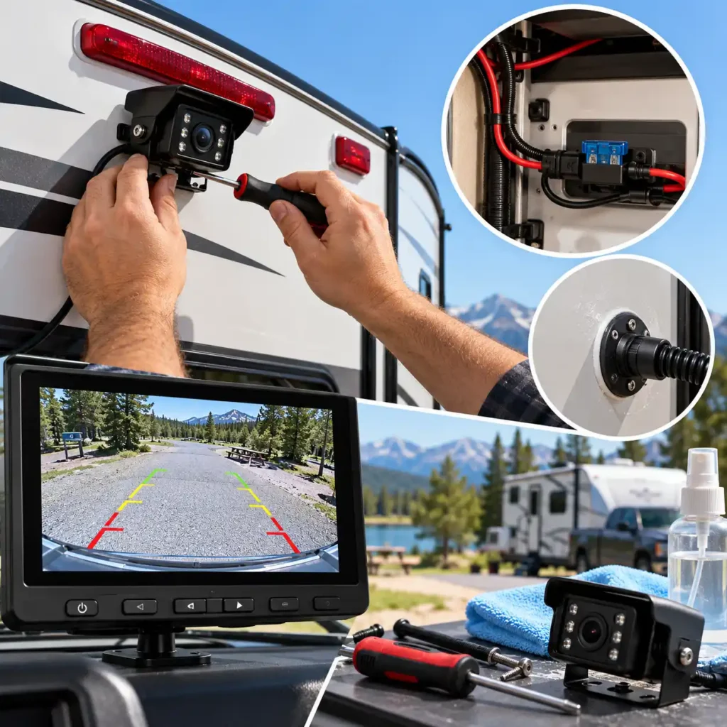 RV backup camera installation with wiring, monitor setup, and maintenance tools.