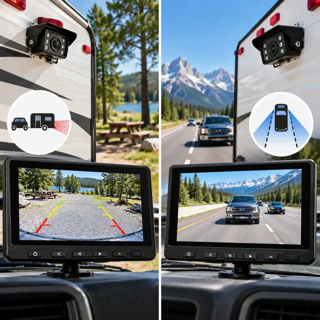 RV backup camera with parking guidelines compared with an observation camera showing traffic while driving.