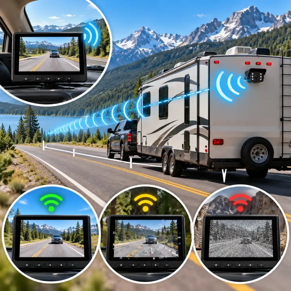 Wireless RV backup camera signal between a trailer camera and dashboard monitor, showing clear, distorted, and lost video connections.