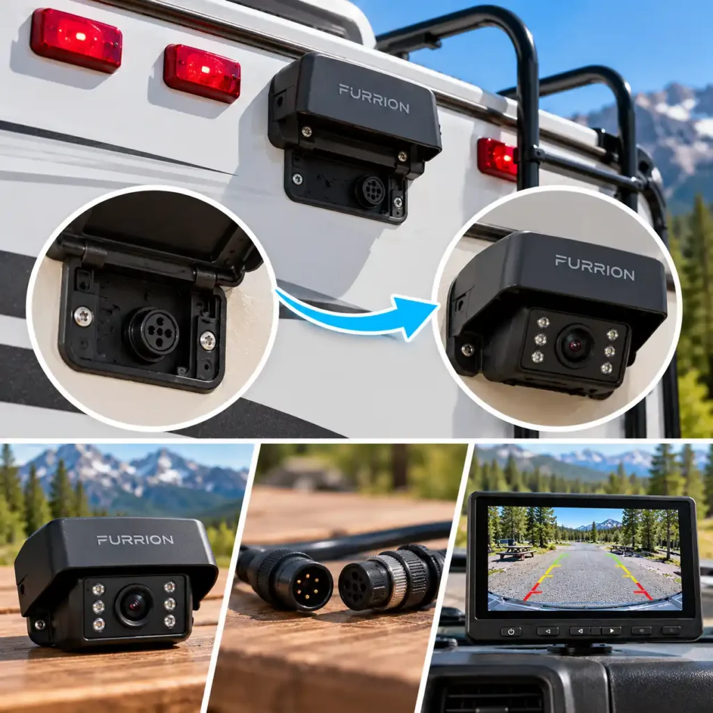 Furrion-prewired RV camera mount with compatible backup camera, connectors, and dashboard monitor.