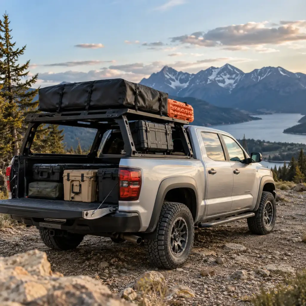 Silver pickup truck with an adjustable bed rack and organized camping gear at a mountain overlook.