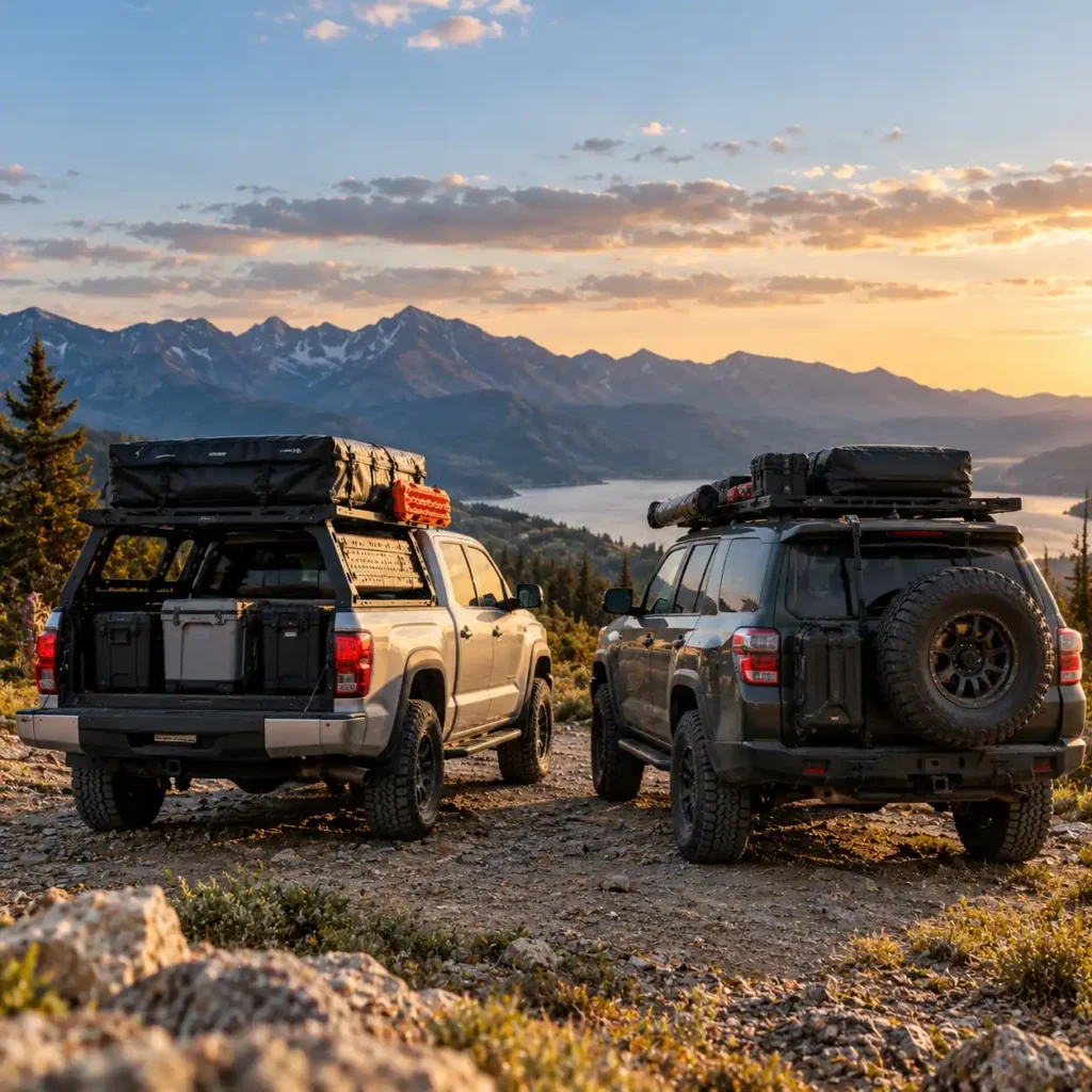 Two overlanding vehicles parked in the mountains, comparing a pickup truck bed rack with an SUV roof rack.
