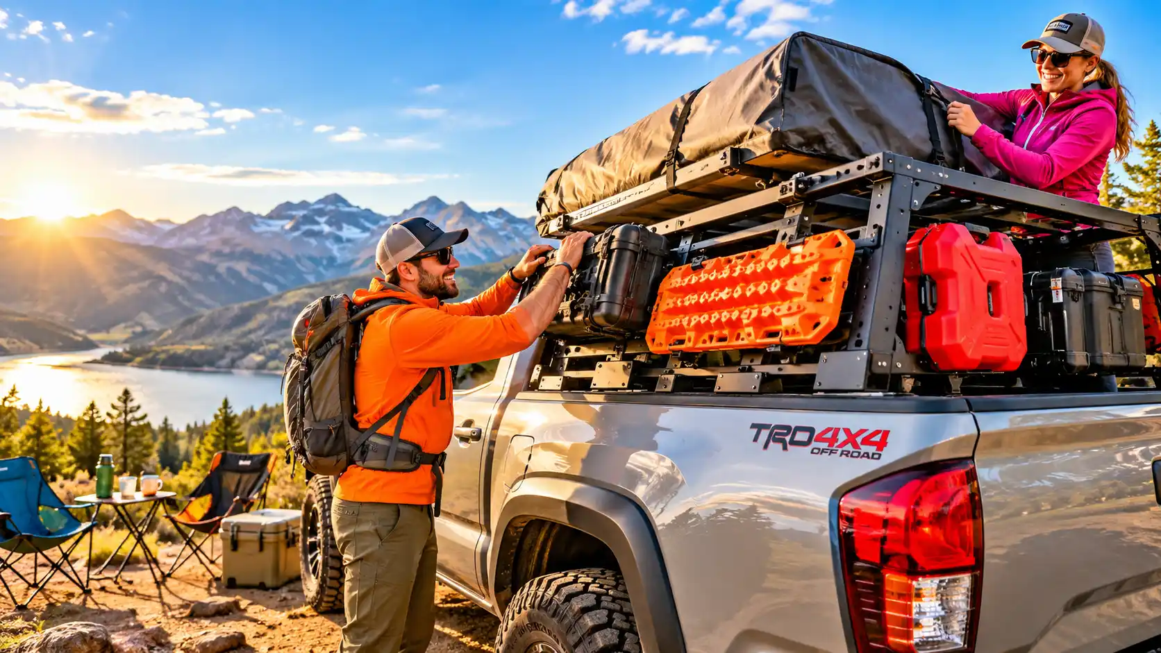 Truck bed racks for overlanding mounted on a pickup truck with camping gear and campers in a sunny mountain setting.