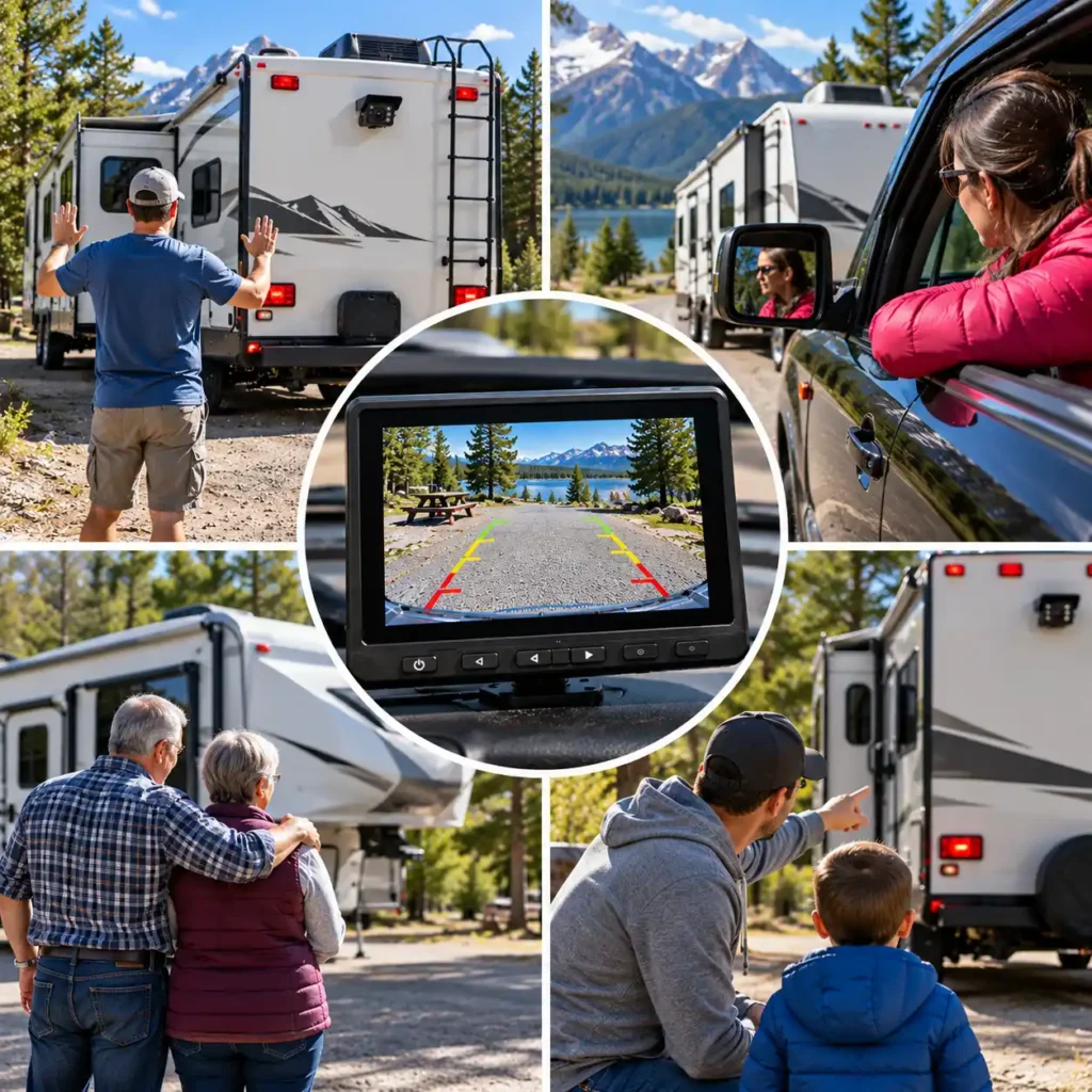 RV owners and campers using a backup camera while parking a travel trailer at a campground.