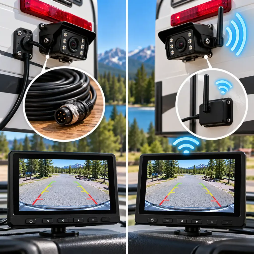 Side-by-side comparison of wired and wireless RV backup cameras, showing cables, a wireless transmitter, and dashboard monitors.
